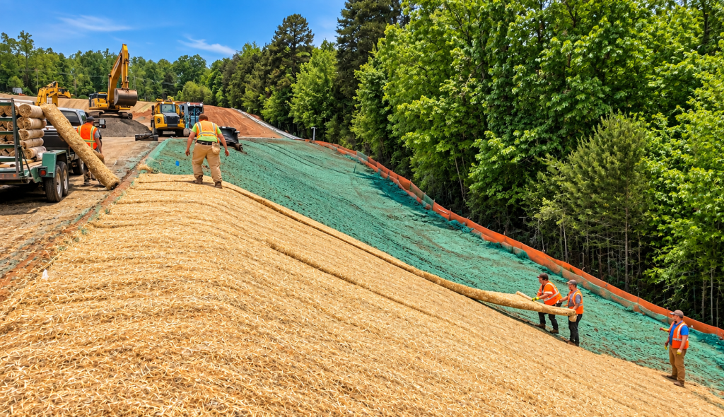 Herndon Inc. crew installing erosion control matting on a construction slope
